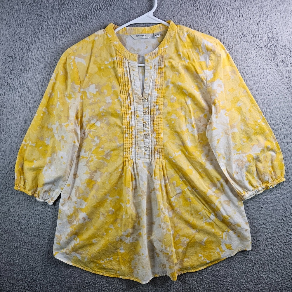 Liz Claiborne Top Blouse Women Medium Sphere‎ Button Floral Yellow Lightweight